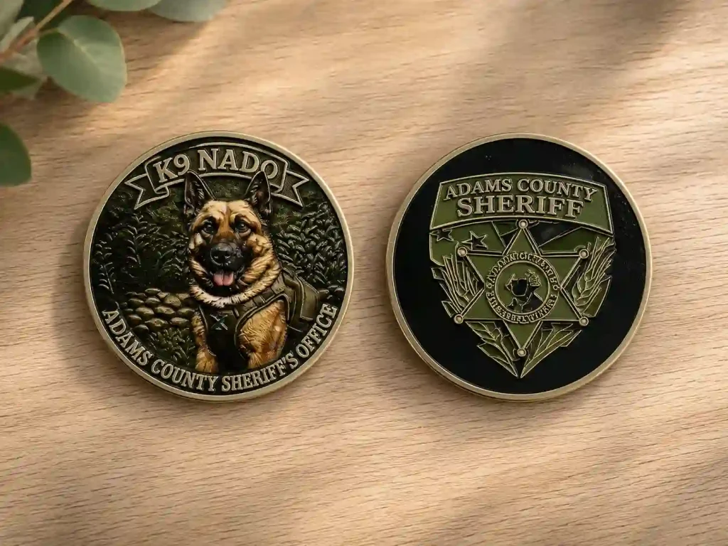 Custom K9 police dog challenge coin for Adams County Sheriff's Office
